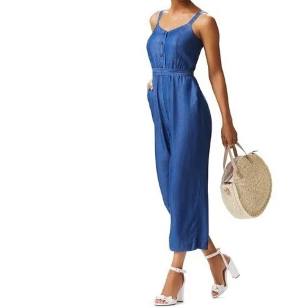 LC Lauren Conrad Blue Chambray Cropped Sleeveless Jumpsuit